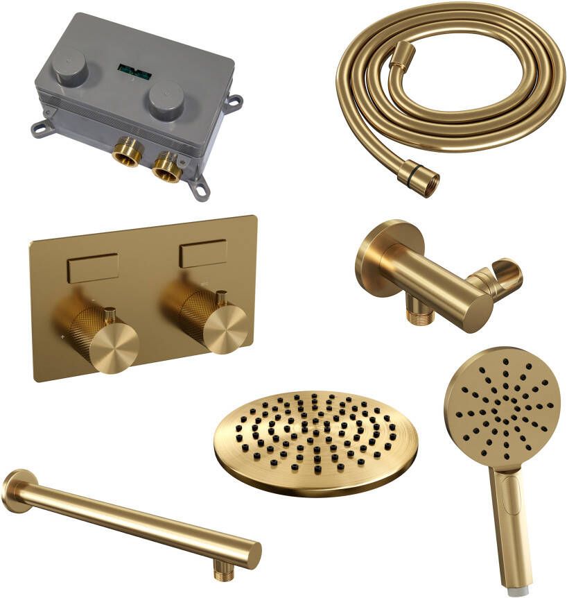Brauer Gold Carving thermostatische inbouw regendouche met drukknoppen SET 55 met 20 cm douchekop en rechte muurarm en 3-standen handdouche en doucheslang en wandaansluitbocht goud geborsteld PVD