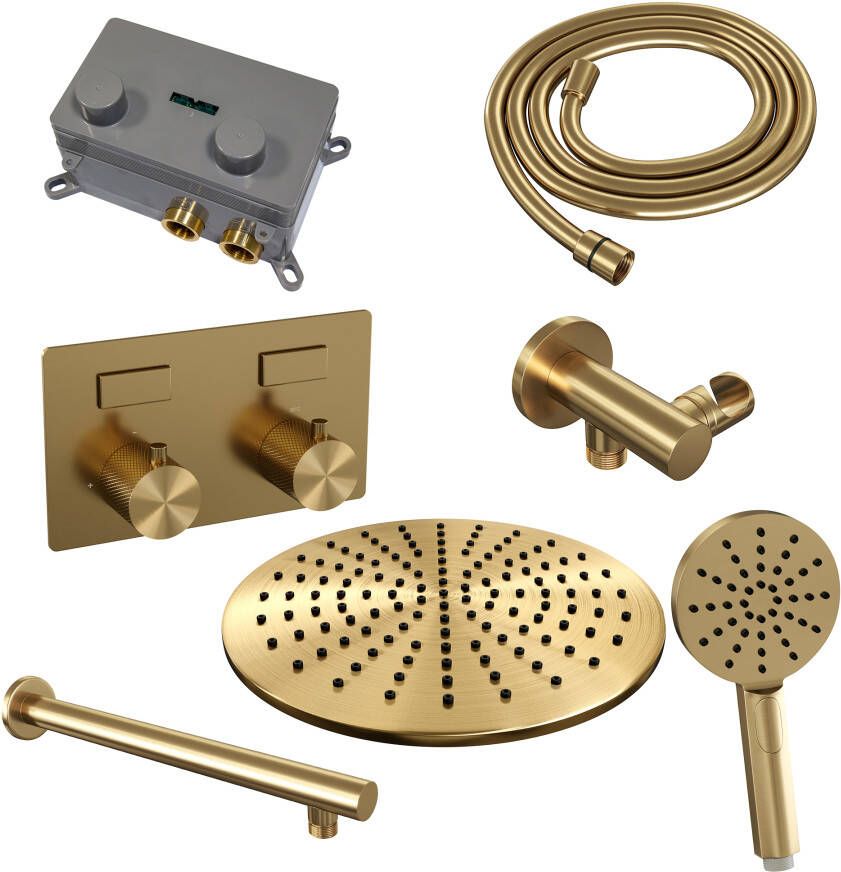 Brauer Gold Carving thermostatische inbouw regendouche met drukknoppen SET 56 met 30 cm douchekop en rechte muurarm en 3-standen handdouche en doucheslang en wandaansluitbocht goud geborsteld PVD