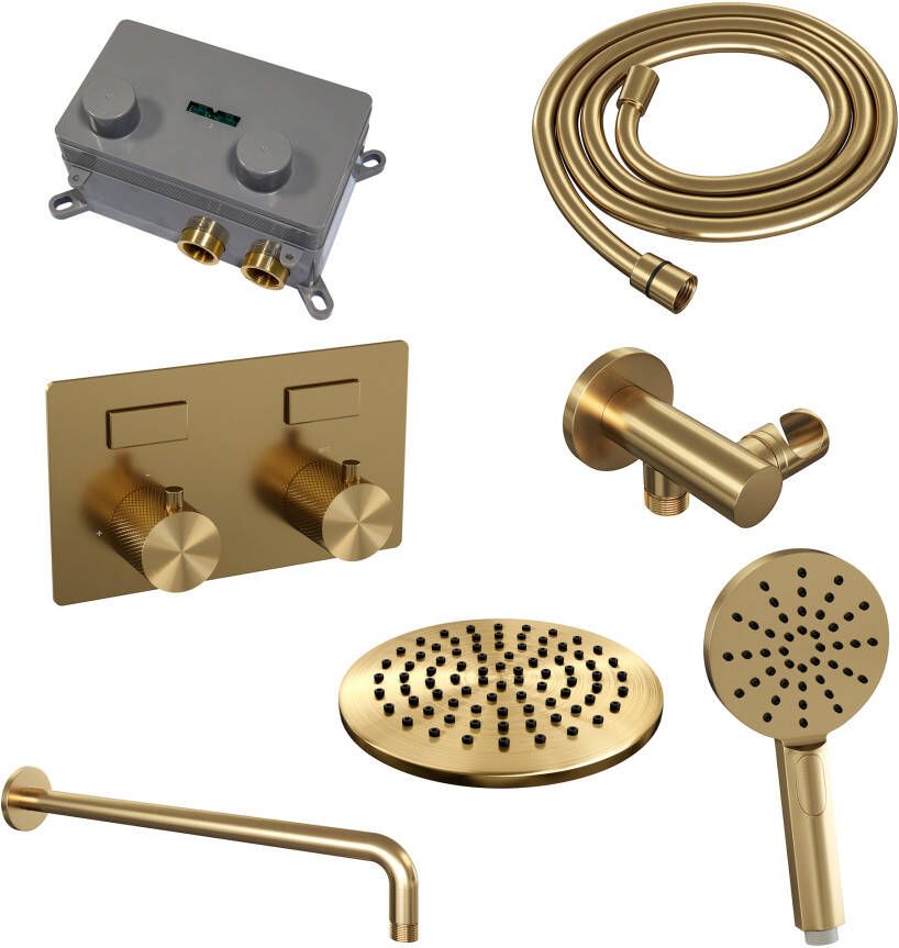 Brauer Gold Carving thermostatische inbouw regendouche met drukknoppen SET 57 met 20 cm douchekop en gebogen muurarm en 3-standen handdouche en doucheslang en wandaansluitbocht goud geborsteld PVD