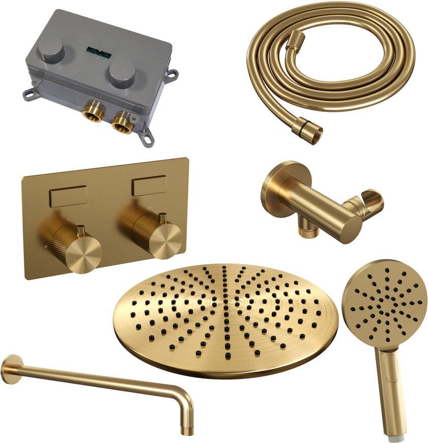 Brauer Gold Carving thermostatische inbouw regendouche met drukknoppen SET 58 met 30 cm douchekop en gebogen muurarm en 3-standen handdouche en doucheslang en wandaansluitbocht goud geborsteld PVD