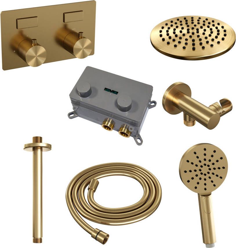 Brauer Gold Carving thermostatische inbouw regendouche met drukknoppen SET 59 met 20 cm douchekop en plafondarm en 3-standen handdouche en doucheslang en wandaansluitbocht goud geborsteld PVD