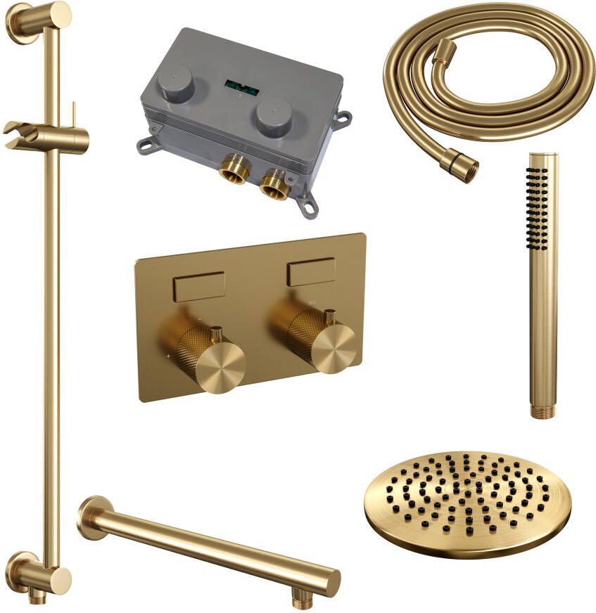 Brauer Gold Carving thermostatische inbouw regendouche met drukknoppen SET 61 met 20 cm douchekop en rechte muurarm en staaf handdouche en doucheslang en geïntegreerde glijstang goud geborsteld PVD