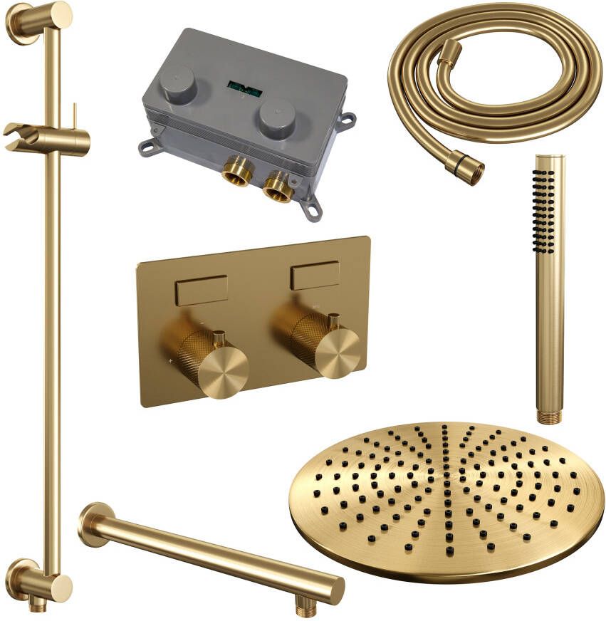 Brauer Gold Carving thermostatische inbouw regendouche met drukknoppen SET 62 met 30 cm douchekop en rechte muurarm en staaf handdouche en doucheslang en geïntegreerde glijstang goud geborsteld PVD