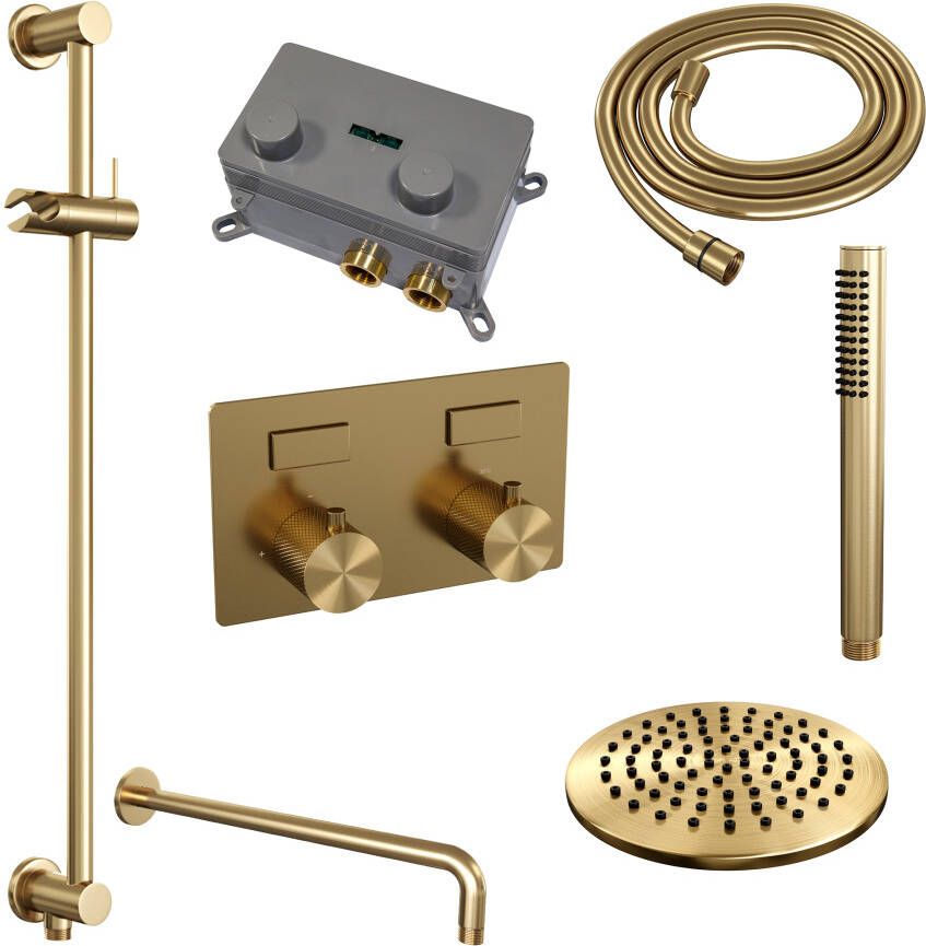 Brauer Gold Carving thermostatische inbouw regendouche met drukknoppen SET 63 met 20 cm douchekop en gebogen muurarm en staaf handdouche en doucheslang en geïntegreerde glijstang goud geborsteld PVD