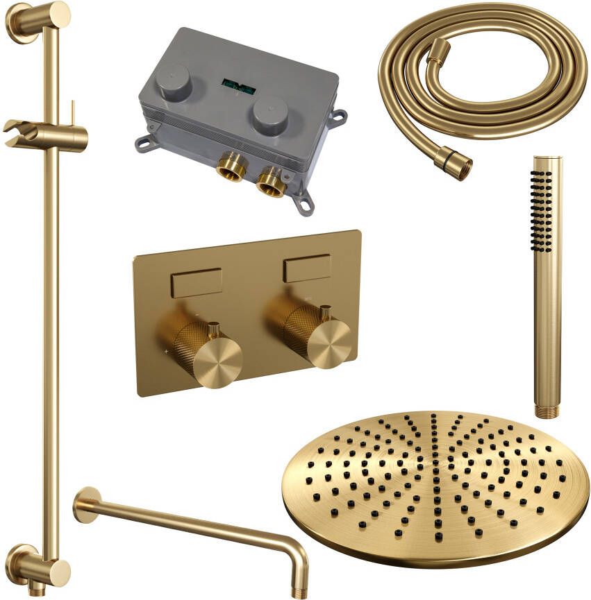 Brauer Gold Carving thermostatische inbouw regendouche met drukknoppen SET 64 met 30 cm douchekop en gebogen muurarm en staaf handdouche en doucheslang en geïntegreerde glijstang goud geborsteld PVD