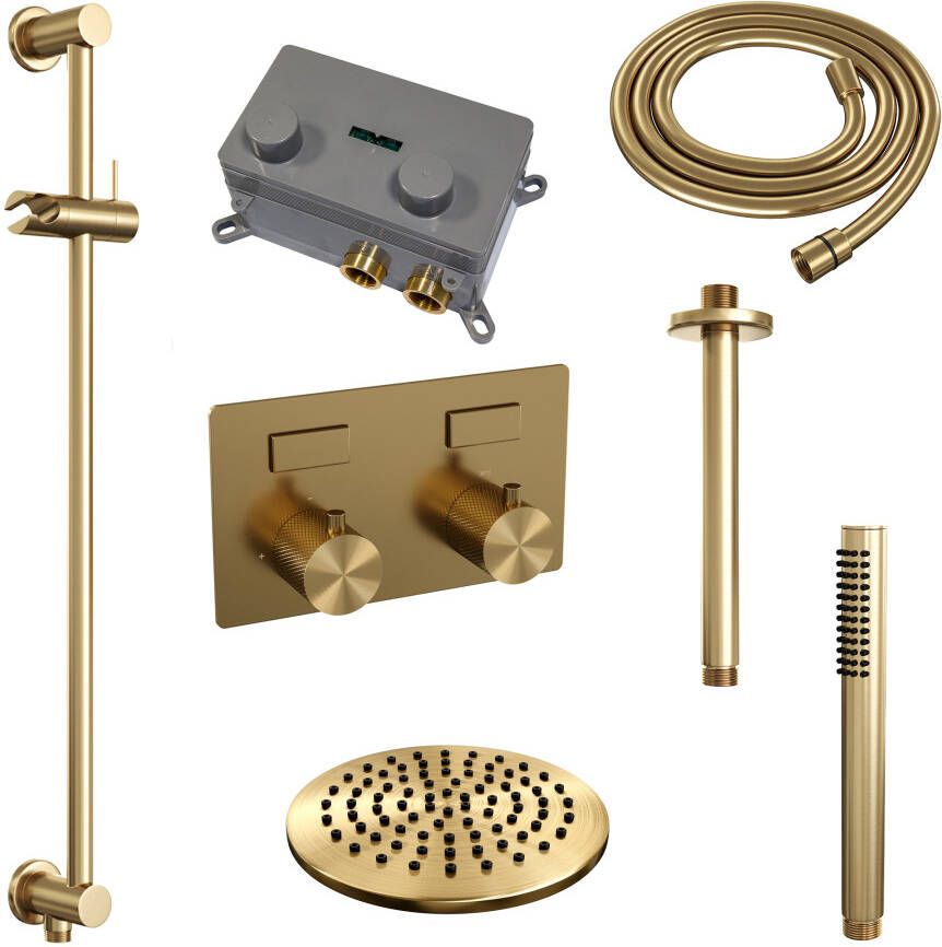 Brauer Gold Carving thermostatische inbouw regendouche met drukknoppen SET 65 met 20 cm douchekop en plafondarm en staaf handdouche en doucheslang en geïntegreerde glijstang goud geborsteld PVD