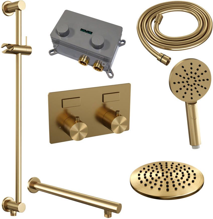 Brauer Gold Carving thermostatische inbouw regendouche met drukknoppen SET 67 met 20 cm douchekop en rechte muurarm en 3-standen handdouche en doucheslang en geïntegreerde glijstang goud geborsteld PVD