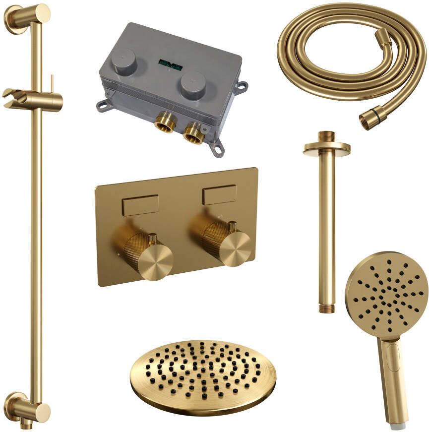 Brauer Gold Carving thermostatische inbouw regendouche met drukknoppen SET 71 met 20 cm douchekop en plafondarm en 3-standen handdouche en doucheslang en geïntegreerde glijstang goud geborsteld PVD