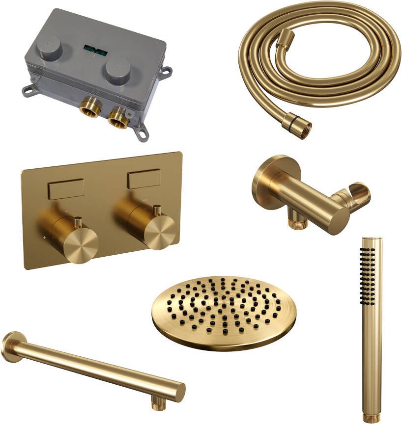 Brauer Gold Edition thermostatische inbouw regendouche met drukknoppen SET 49 met 20 cm douchekop en rechte muurarm en staaf handdouche en doucheslang en wandaansluitbocht goud geborsteld PVD