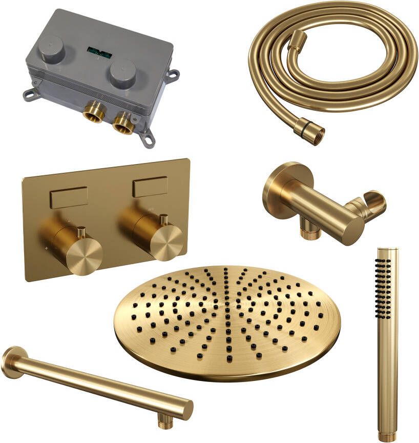 Brauer Gold Edition thermostatische inbouw regendouche met drukknoppen SET 50 met 30 cm douchekop en rechte muurarm en staaf handdouche en doucheslang en wandaansluitbocht goud geborsteld PVD