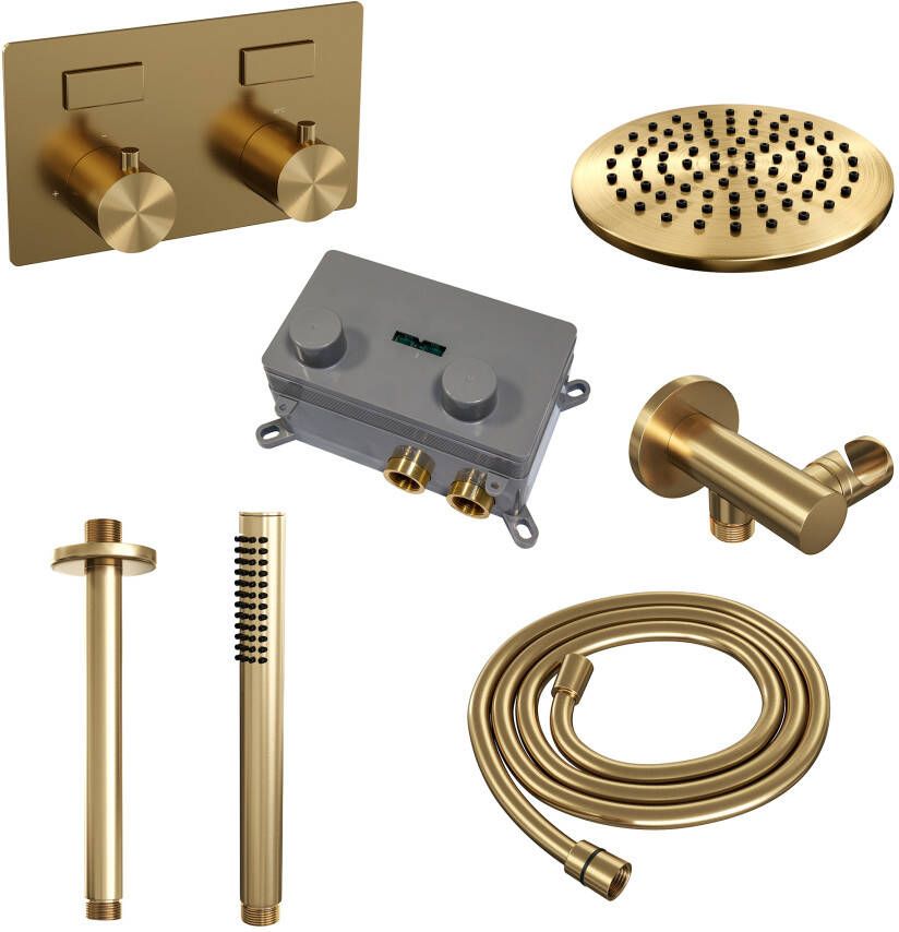 Brauer Gold Edition thermostatische inbouw regendouche met drukknoppen SET 53 met 20 cm douchekop en plafondarm en staaf handdouche en doucheslang en wandaansluitbocht goud geborsteld PVD