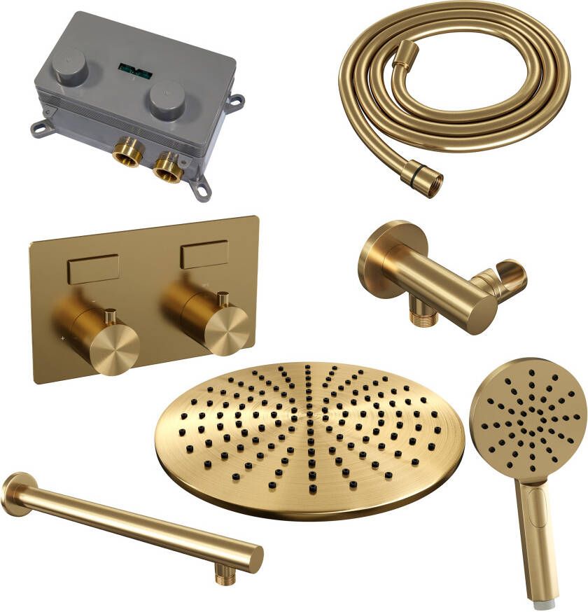 Brauer Gold Edition thermostatische inbouw regendouche met drukknoppen SET 56 met 30 cm douchekop en rechte muurarm en 3-standen handdouche en doucheslang en wandaansluitbocht goud geborsteld PVD