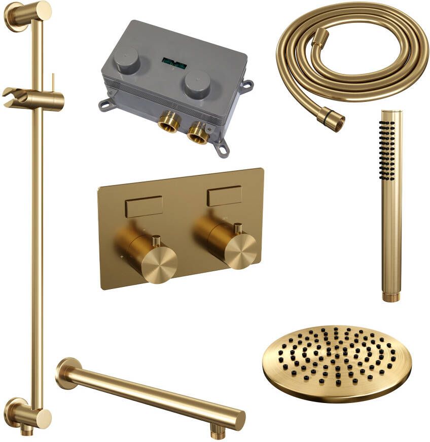 Brauer Gold Edition thermostatische inbouw regendouche met drukknoppen SET 61 met 20 cm douchekop en rechte muurarm en staaf handdouche en doucheslang en geïntegreerde glijstang goud geborsteld PVD