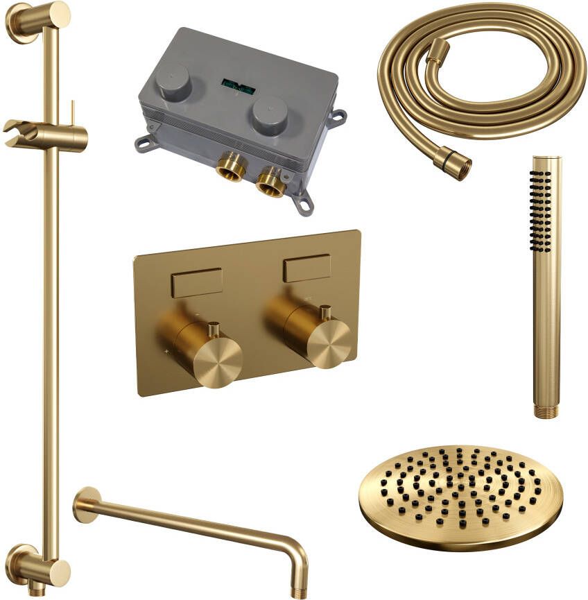 Brauer Gold Edition thermostatische inbouw regendouche met drukknoppen SET 63 met 20 cm douchekop en gebogen muurarm en staaf handdouche en doucheslang en geïntegreerde glijstang goud geborsteld PVD