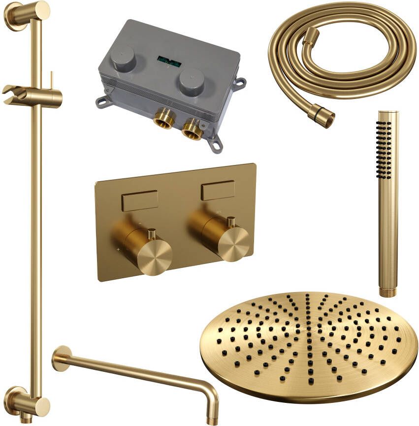 Brauer Gold Edition thermostatische inbouw regendouche met drukknoppen SET 64 met 30 cm douchekop en gebogen muurarm en staaf handdouche en doucheslang en geïntegreerde glijstang goud geborsteld PVD