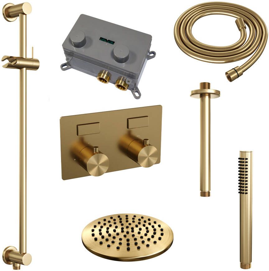 Brauer Gold Edition thermostatische inbouw regendouche met drukknoppen SET 65 met 20 cm douchekop en plafondarm en staaf handdouche en doucheslang en geïntegreerde glijstang goud geborsteld PVD