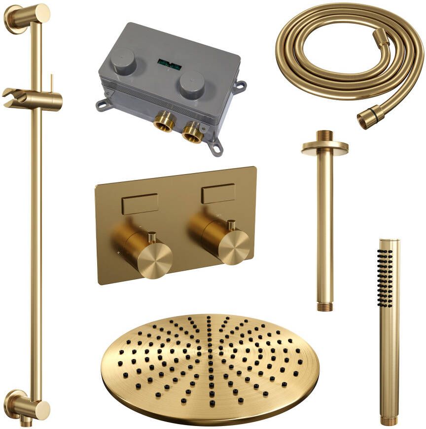 Brauer Gold Edition thermostatische inbouw regendouche met drukknoppen SET 66 met 30 cm douchekop en plafondarm en staaf handdouche en doucheslang en geïntegreerde glijstang goud geborsteld PVD