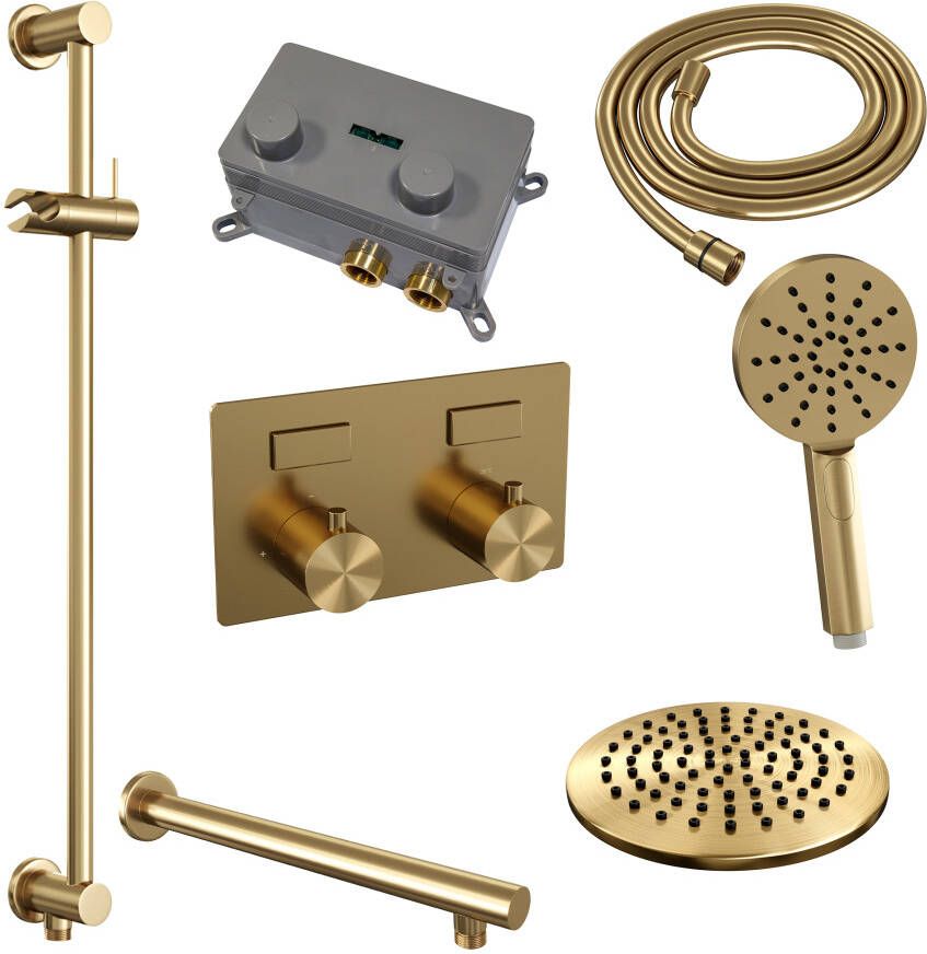 Brauer Gold Edition thermostatische inbouw regendouche met drukknoppen SET 67 met 20 cm douchekop en rechte muurarm en 3-standen handdouche en doucheslang en geïntegreerde glijstang goud geborsteld PVD