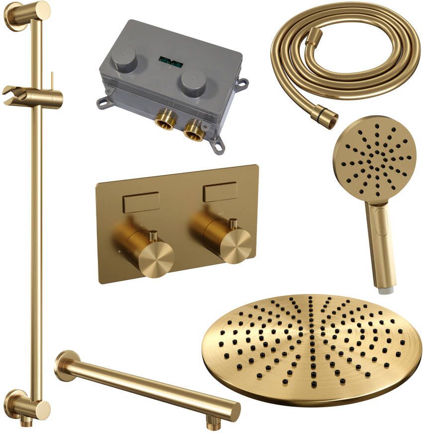 Brauer Gold Edition thermostatische inbouw regendouche met drukknoppen SET 68 met 30 cm douchekop en rechte muurarm en 3-standen handdouche en doucheslang en geïntegreerde glijstang goud geborsteld PVD