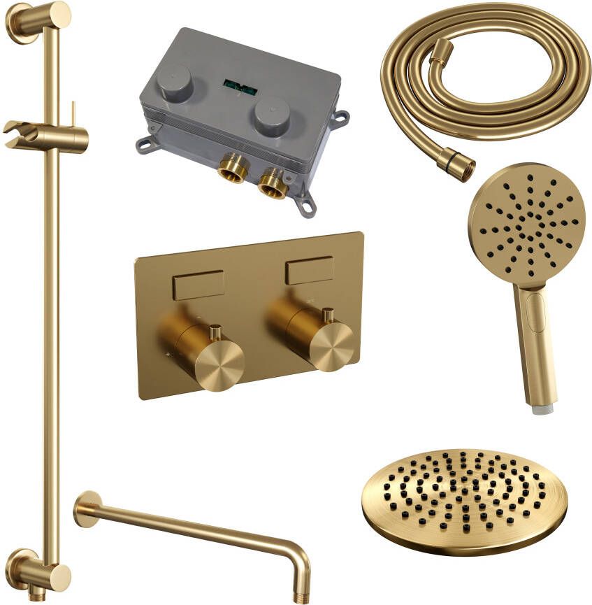 Brauer Gold Edition thermostatische inbouw regendouche met drukknoppen SET 69 met 20 cm douchekop en gebogen muurarm en 3-standen handdouche en doucheslang en geïntegreerde glijstang goud geborsteld PVD