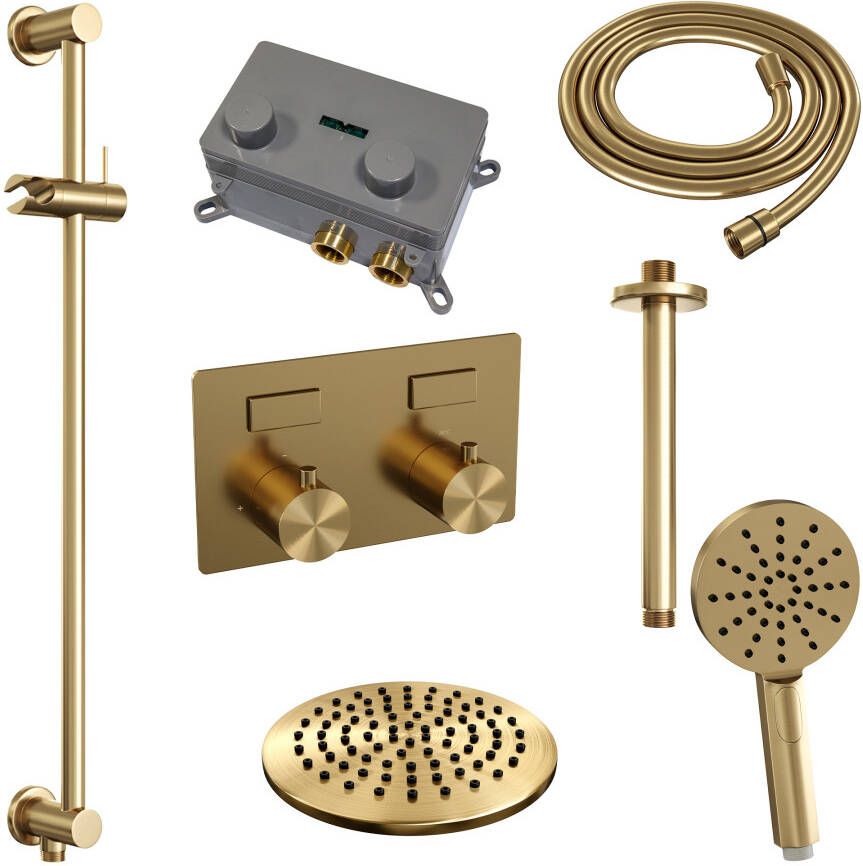 Brauer Gold Edition thermostatische inbouw regendouche met drukknoppen SET 71 met 20 cm douchekop en plafondarm en 3-standen handdouche en doucheslang en geïntegreerde glijstang goud geborsteld PVD