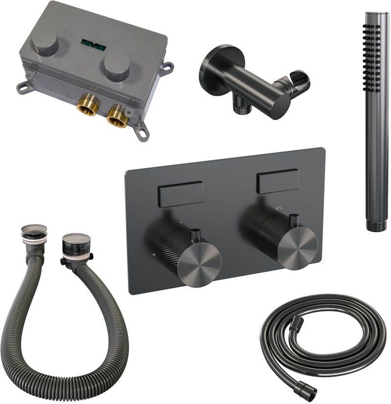 Brauer Gunmetal Carving thermostatische inbouw badkraan met drukknoppen SET 03 met badvulcombinatie en staaf handdouche en doucheslang en wandaansluitbocht gunmetal geborsteld PVD