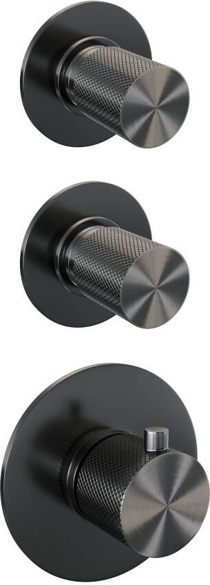 Brauer Gunmetal Carving thermostatische inbouw doucheset hoofddouche 20cm gebogen wandarm 3 standen handdouche rond met glijstang gunmetal geborsteld PVD