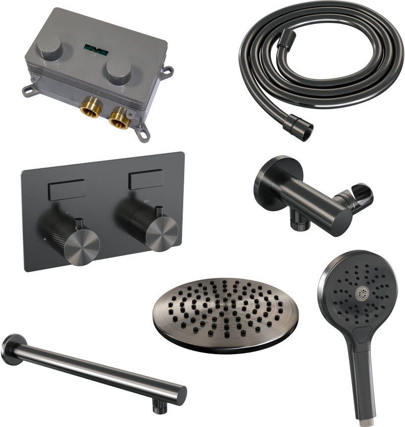 Brauer Gunmetal Carving thermostatische inbouw regendouche met drukknoppen SET 55 met 20 cm douchekop en rechte muurarm en 3-standen handdouche en doucheslang en wandaansluitbocht gunmetal geborsteld PVD