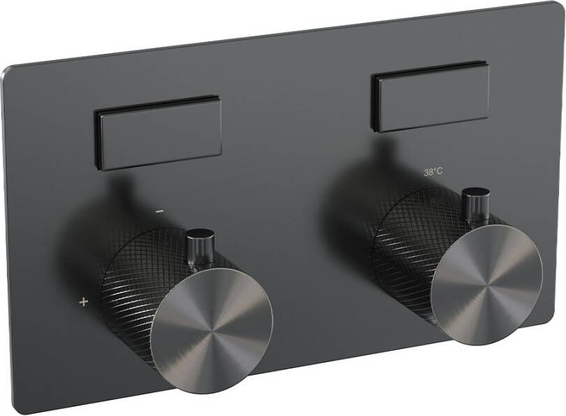 Brauer Gunmetal Carving thermostatische inbouw regendouche met drukknoppen SET 55 met 20 cm douchekop en rechte muurarm en 3-standen handdouche en doucheslang en wandaansluitbocht gunmetal geborsteld PVD