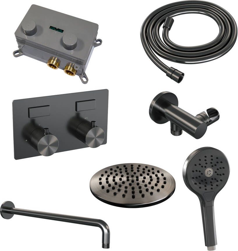 Brauer Gunmetal Carving thermostatische inbouw regendouche met drukknoppen SET 57 met 20 cm douchekop en gebogen muurarm en 3-standen handdouche en doucheslang en wandaansluitbocht gunmetal geborsteld PVD