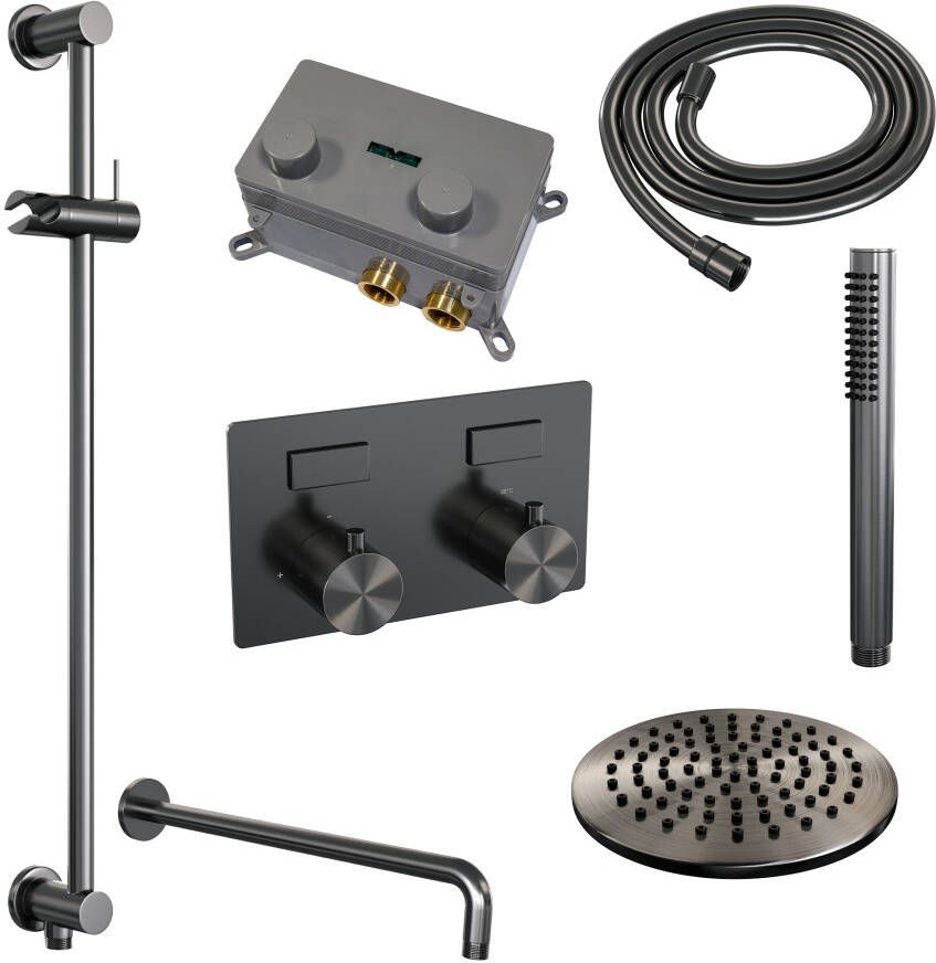 Brauer Gunmetal Carving thermostatische inbouw regendouche met drukknoppen SET 63 met 20 cm douchekop en gebogen muurarm en staaf handdouche en doucheslang en geïntegreerde glijstang gunmetal geborsteld PVD