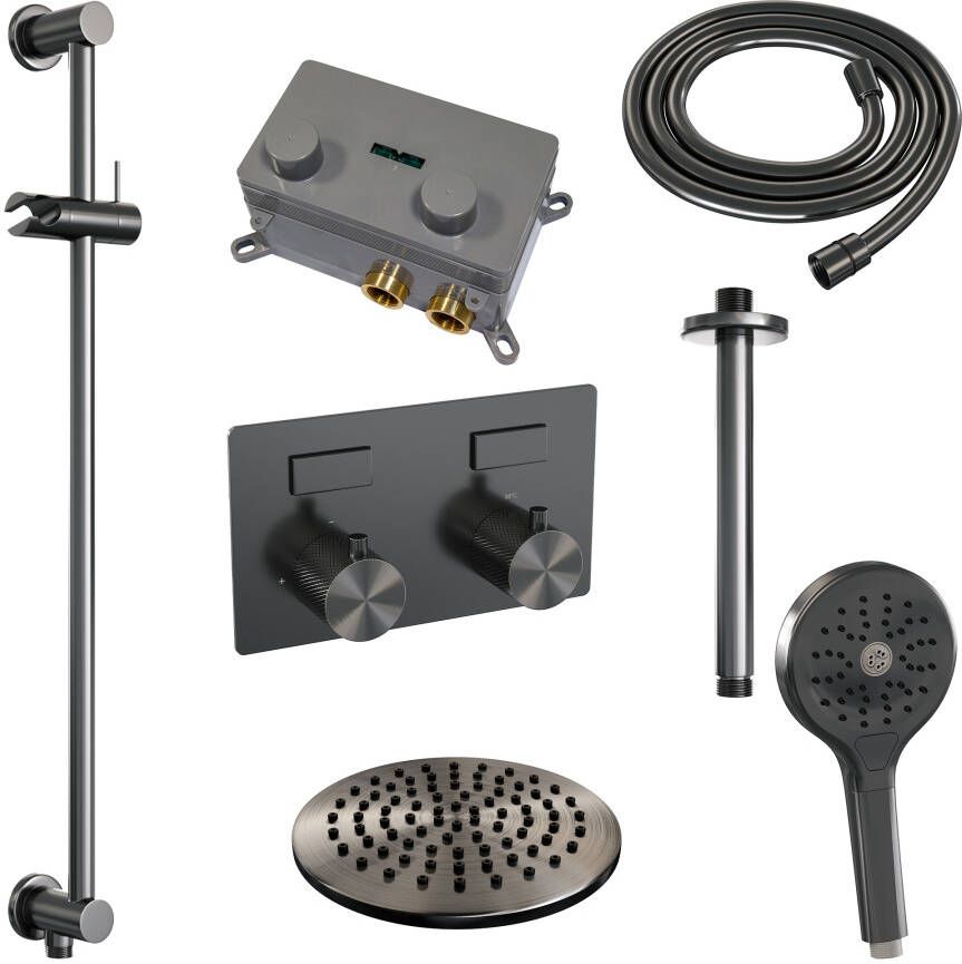 Brauer Gunmetal Carving thermostatische inbouw regendouche met drukknoppen SET 71 met 20 cm douchekop en plafondarm en 3-standen handdouche en doucheslang en geïntegreerde glijstang gunmetal geborsteld PVD