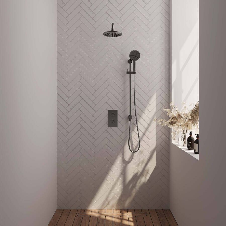 Brauer Gunmetal Edition inbouwset met 3-weg thermostaat hoofddouche 20cm gebogen wandarm 40cm ronde 3-standen handdouche wandaansluiting geborsteld gunmetal PVD