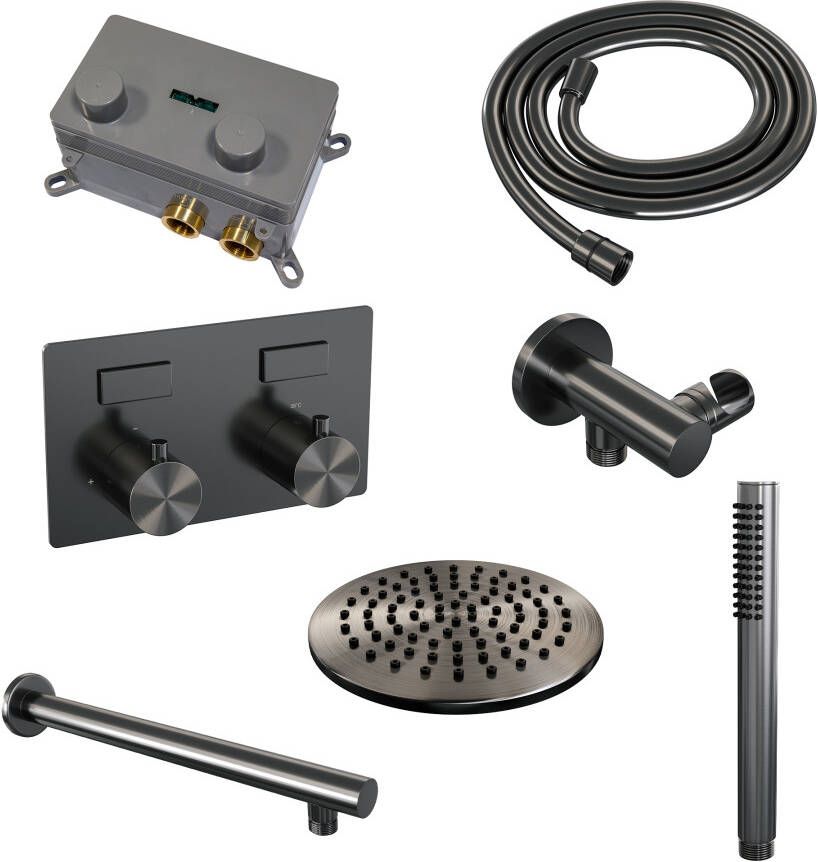 Brauer Gunmetal Edition thermostatische inbouw regendouche met drukknoppen SET 49 met 20 cm douchekop en rechte muurarm en staaf handdouche en doucheslang en wandaansluitbocht gunmetal geborsteld PVD