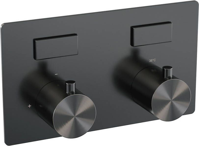 Brauer Gunmetal Edition thermostatische inbouw regendouche met drukknoppen SET 54 met 30 cm douchekop en plafondarm en staaf handdouche en doucheslang en wandaansluitbocht gunmetal geborsteld PVD