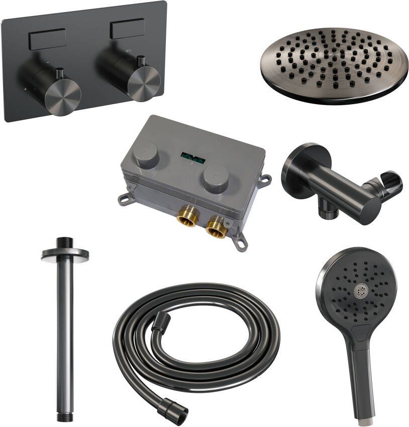 Brauer Gunmetal Edition thermostatische inbouw regendouche met drukknoppen SET 59 met 20 cm douchekop en plafondarm en 3-standen handdouche en doucheslang en wandaansluitbocht gunmetal geborsteld PVD