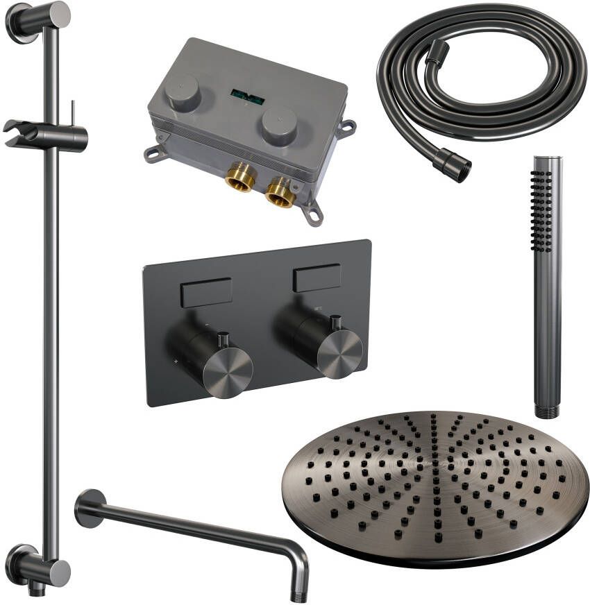 Brauer Gunmetal Edition thermostatische inbouw regendouche met drukknoppen SET 64 met 30 cm douchekop en gebogen muurarm en staaf handdouche en doucheslang en geïntegreerde glijstang gunmetal geborsteld PVD