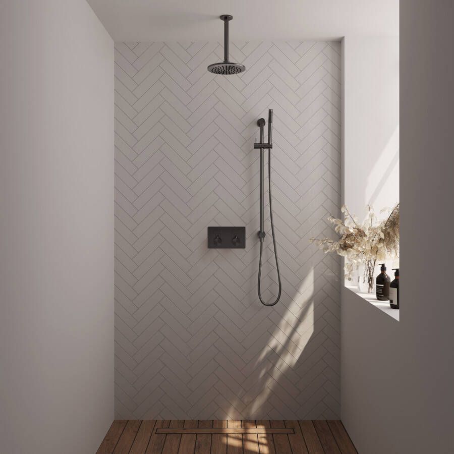 Brauer Gunmetal Edition thermostatische inbouw regendouche met drukknoppen SET 65 met 20 cm douchekop en plafondarm en staaf handdouche en doucheslang en geïntegreerde glijstang gunmetal geborsteld PVD