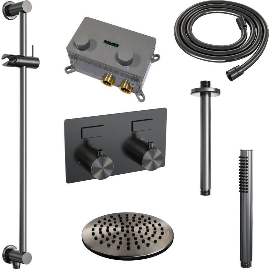 Brauer Gunmetal Edition thermostatische inbouw regendouche met drukknoppen SET 65 met 20 cm douchekop en plafondarm en staaf handdouche en doucheslang en geïntegreerde glijstang gunmetal geborsteld PVD