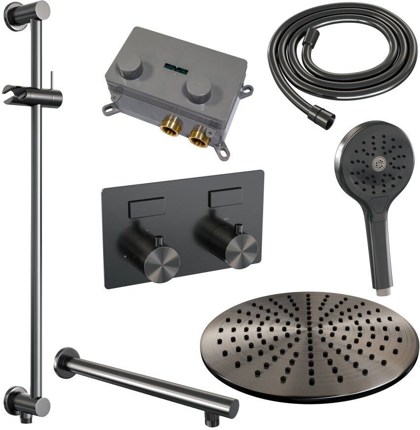 Brauer Gunmetal Edition thermostatische inbouw regendouche met drukknoppen SET 68 met 30 cm douchekop en rechte muurarm en 3-standen handdouche en doucheslang en geïntegreerde glijstang gunmetal geborsteld PVD