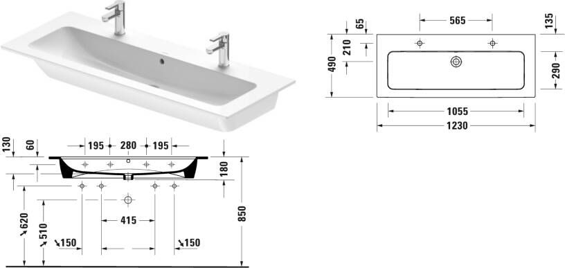 DURAVIT Me by Starck meubelwastafel 123x49cm 2 kraangaten glans wit