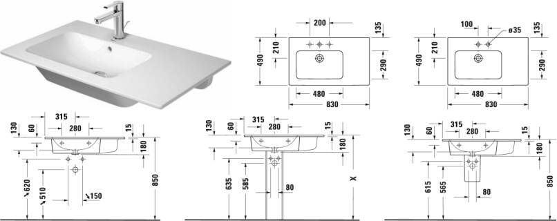 DURAVIT Me By Starck meubelwastafel 83x49cm wastafel links zonder kraangat glans wit