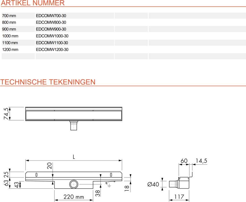 Easydrain Compact 30 Wall douchegoot 70cm