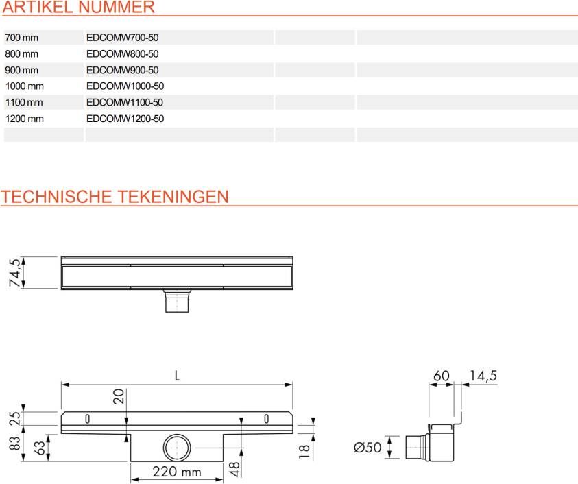 Easydrain Compact 50 Wall douchegoot 100cm