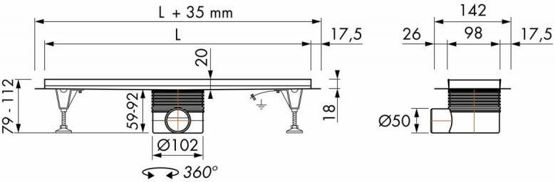 Easydrain Multi inbouwdeel douchegoot 100cm met flens zijuitloop zonder rooster rvs