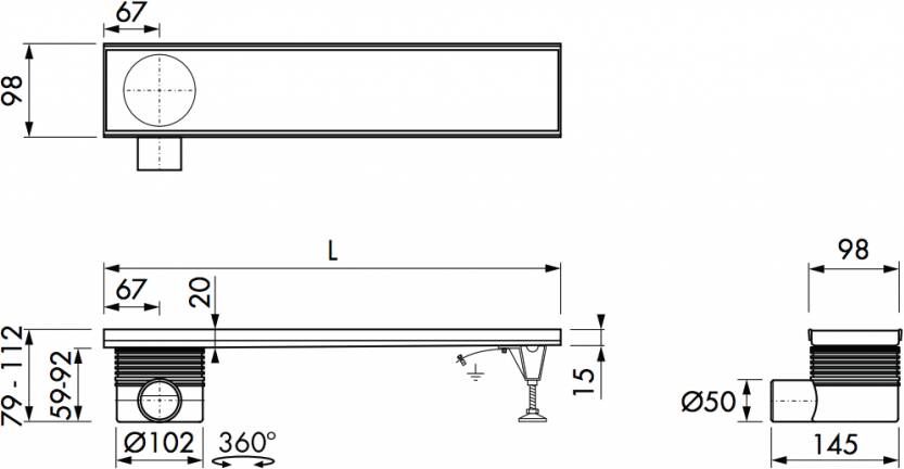 Easydrain Multi inbouwdeel douchegoot 60cm zonder rooster zijuitloop uiteinde rvs