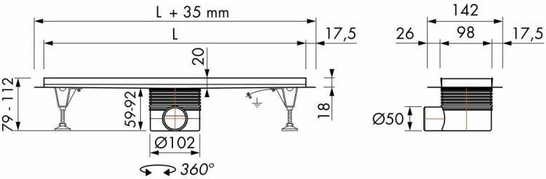 Easydrain Multi inbouwdeel douchegoot 70cm met flens zijuitloop zonder rooster rvs