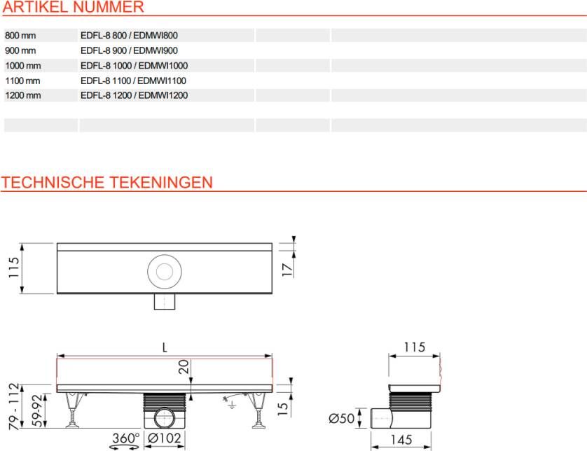 Easydrain Multi tegel-8 tegelinlegrooster 120cm rvs