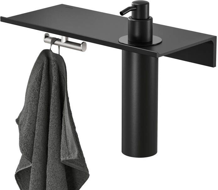 Geesa Leev planchet 28cm zwart met zeepdispenser 200ml zwart met handdoekhaak geborsteld RVS