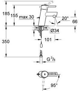 Grohe Concetto s-size wastafelkraan 28 mm. met ketting chroom